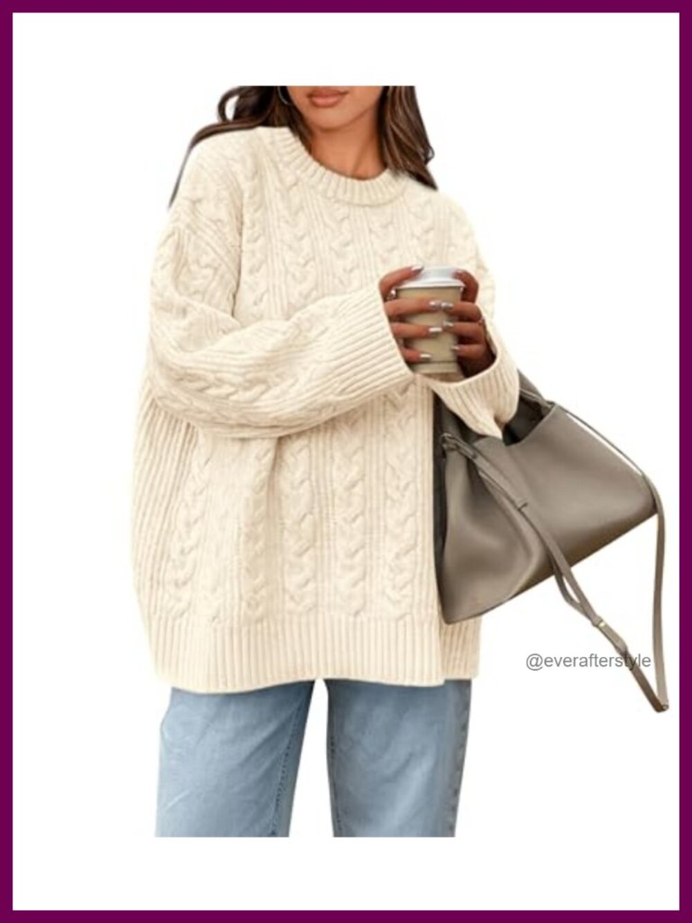 Women's Oversized Cable Knit Crewneck Pullover Sweater Chunky Long Sleeve Cozy